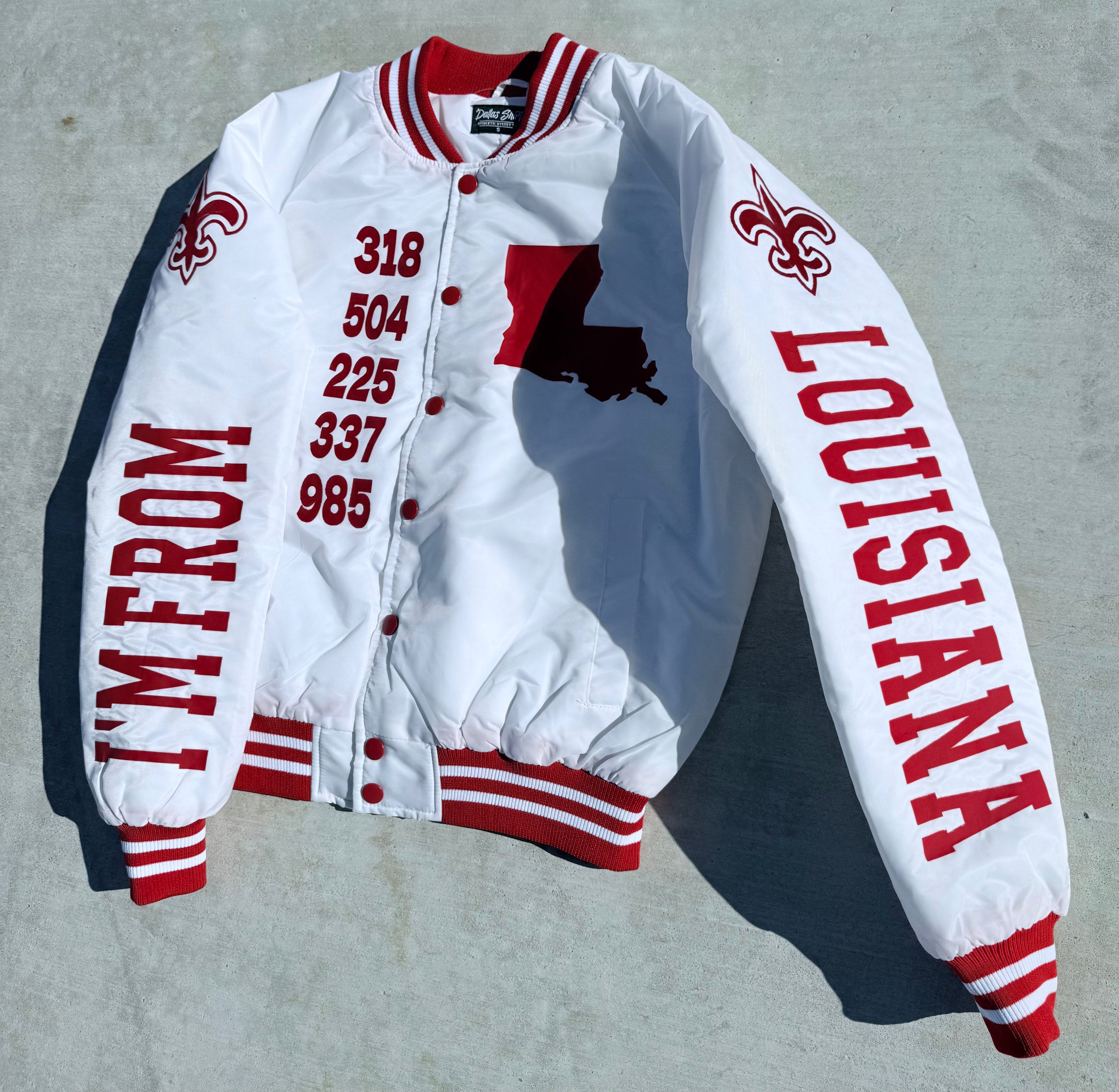 Red and White IM FROM LOUISIANA Bomber Jacket