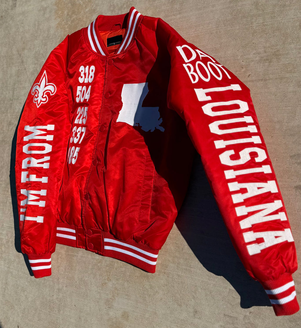 Red and White IM FROM LOUISIANA Bomber Jacket