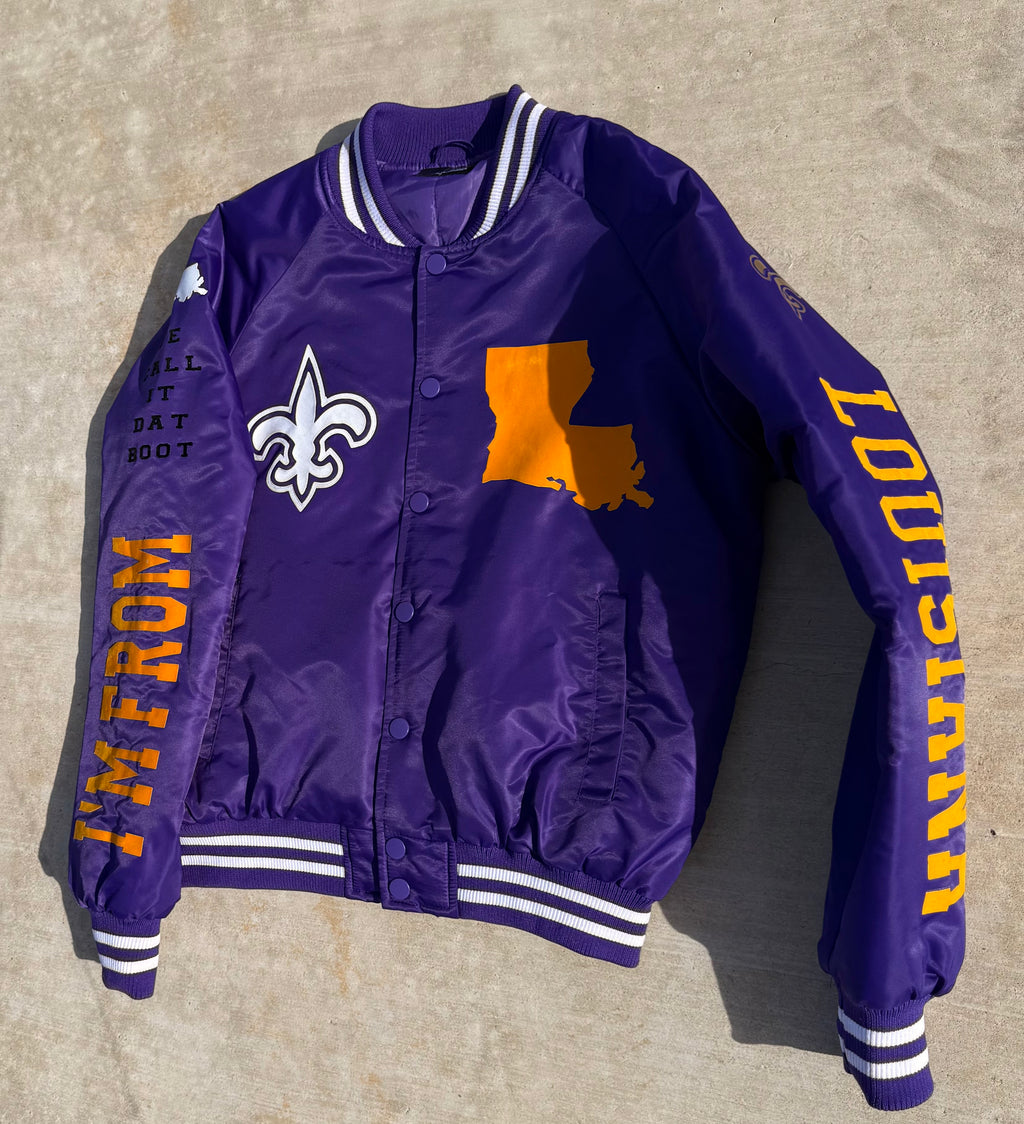 Purple and Gold IM FROM LOUISIANA Bomber Jacket